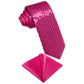 DiBanGu Mens Sequin Skinny Tie and Pocket Square Set,Shiny Solid Satin Slim Necktie for Party Wedding, Hot Pink, One Size