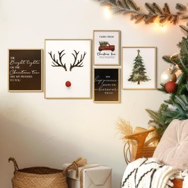 ArtbyHannah Christmas Canvas Wall Art, Framed Christmas Wall Decor with 3D Reindeer Nose, 5 Pack Indoor Christmas Decorations with Green Chistmas Tree Pictures for Bathroom(14x11,10x8,8x6)