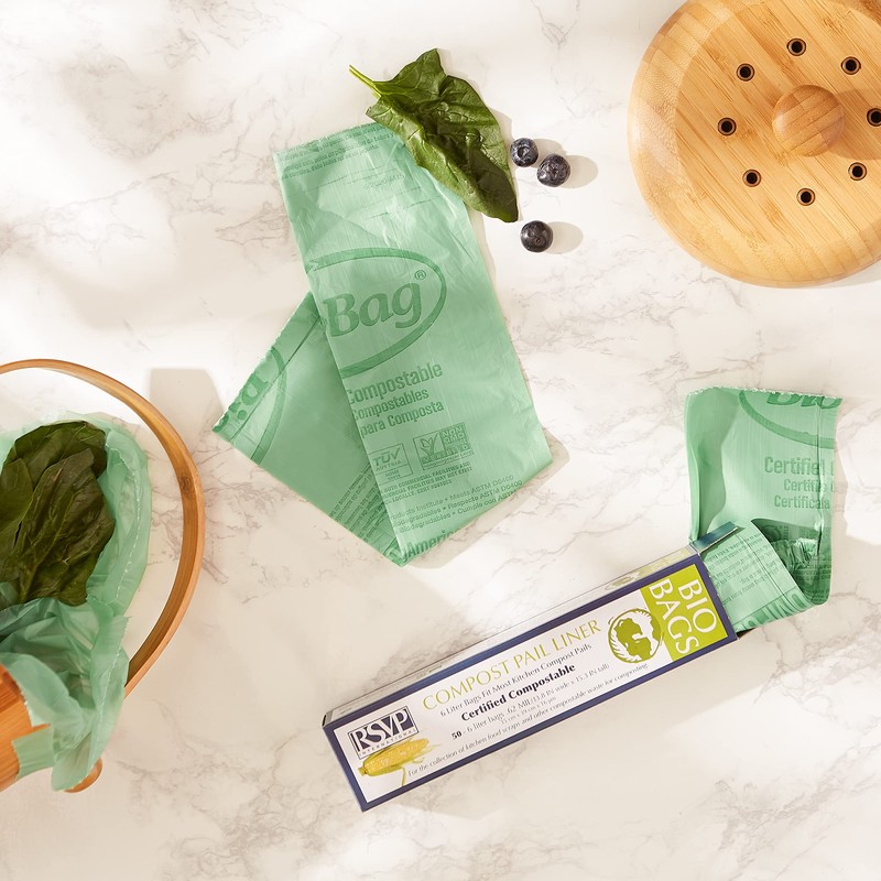 RSVP International Kitchen Collection Compost Pail, 1 Gallon Compostable Bags,