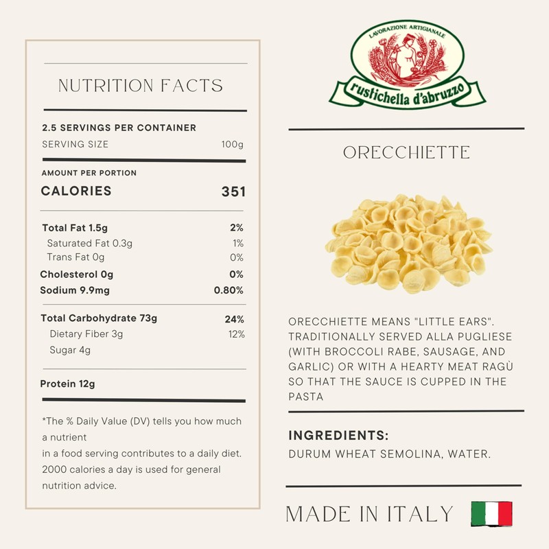 Rustichella d'Abruzzo Orecchiette - 500g Heritage Italian Wheat Pasta with