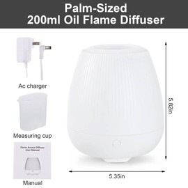 Flame Oil Diffuser, 200ml Aromatherapy Diffuser, Essential Oil Air Diffuser with 3 Modes of Fire Light Personal Humidifier Auto-Off for Office Yoga Bedroom Spa Gym,Super Quiet (White)
