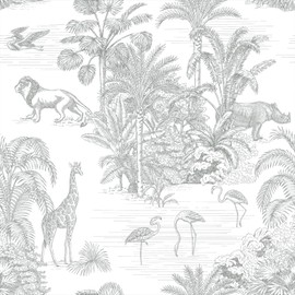 VEELIKE Hand Draw Tropical Wallpaper Peel and Stick Animal Forest Wallpaper for Bedroom Kids Room 17.7''x118'' Grey Toile Wall Paper Removable Self Adhesive Jungle Contact Paper for Cabinets Drawers