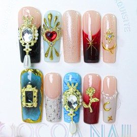 100% 5D Handmade Press on Nails with Charms Long Square Nails Press ons- French Tips False Nails Diamond Rose Heart Charms Press on Nails for Women Girls Daily Wear DIY Manicure Size M