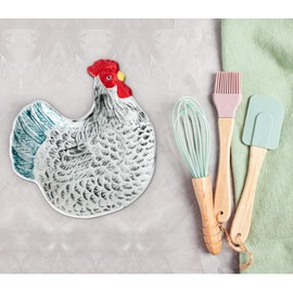 Colorful Hen-Shaped Ceramic Spoon Rest for Stove Top & Kitchen Counter Pretty Chicken spoon holder for stove spoon rest – Perfect Cooking Spoon Holder Rooster Kitchen Decor (Hen)