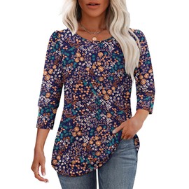 Oversized Tshirts for Women Business Casual Outfits 3/4 Length Sleeve Womens Tops Spring Summer Plus Size Clothes Floral Orange 2XL