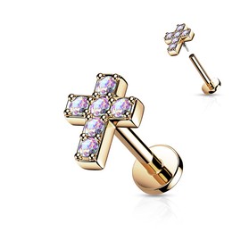 PiercedOff Rose Gold Tone 316L Surgical Steel Labret with Aurora Borealis CZ Cross - Length 8mm Width 1.2mm