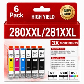 PGI-280XXL CLI-281XXL Ink Cartridges 6 Color Pack Compatible Replacement for Canon 280 281 280XXL 281XXL TR8620a Ink for PIXMA TR8520 TR8620 TR8600 TR8622a TR7520 TS6120 TS9520 TS9120 Printer (6 Pack)