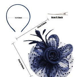 Oenothera Headpiece Fascinator Hat Women's Wedding Mesh Headband with Hair Clip and Hair Tie for Women Girls Evening Parties (Dark Blue)
