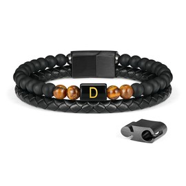 Beaded Leather Bracelets for Men, 6mm Tiger Eye Bracelet Mens Leather Bracelet Initial Black Mens Bracelets Beads Letter D Initial BraceletS for Men Matte Agate Bracelet Mens Jewelry Gifts for Men