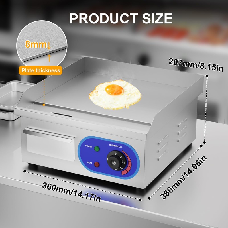 DULONG Electric Flat Top Grill,1500W Electric Flat Top Griddle,14" Stainless