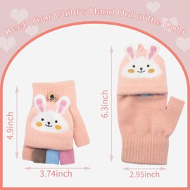 Children's Fingerless Gloves Winter Warm Convertible Flip Top Gloves Soft Knitted Lining and Elastic Cute Cartoon for Children Boys Girls 7-10 Years, pink