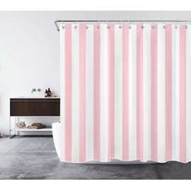 LB Pink and White Striped Shower Curtain, 180 x 200 cm, Simple Geometric Art, Anti-Mould, Waterproof Bathroom Curtains, Minimalist Extra Long Polyester Fabric Bathroom Curtain with Hooks