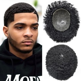 Afro Toupee for Black Men 8MM Weave Hair Unit Black Mens Curly Toupee 100% Human Hair Full Injection PU Skin African American Replacement System Male Wig FACE MIRACLE (8"*10", 1B# Off Black-8MM)