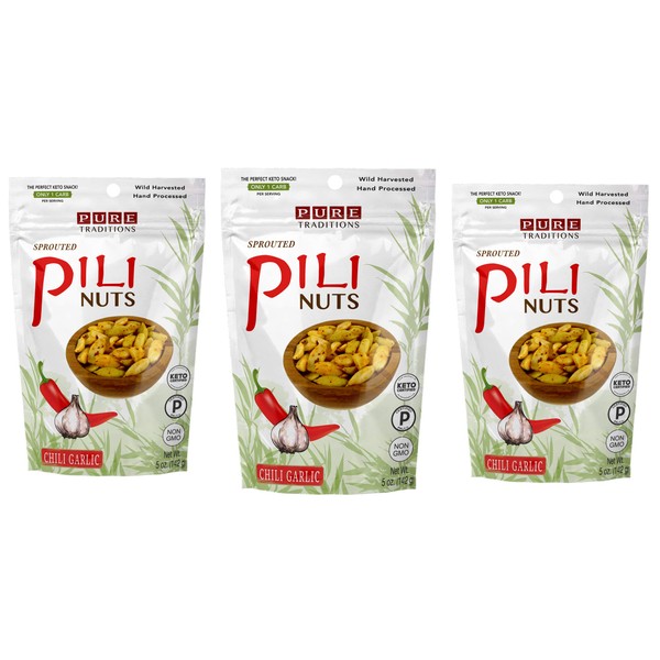 Sprouted Pili Nuts, Chili Garlic, Certified Paleo & Keto (5 oz, 3 Pack)