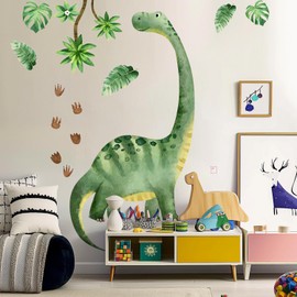 Large Dinosaur Wall Decals Watercolor Dinosaur Dino Footprints Palm Leaf Peel and Stick Wall Art Stickers for Baby Kids Boys Girls Toddler Nursery Room Playroom Classroom Wall Decoration