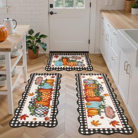 U'Artlines Pumpkin Fall Kitchen Rugs with Runner Sets 3 Piece, Farmhouse Harvest Rugs and Mats, Non Slip Washable Scalloped Kitchen Floor Mats for Home Hallway Sink Decor(Black＆White)
