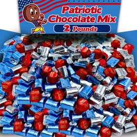 Patriotic Candy Variety Mix, 2 Lbs Bulk, Red, White and Blue American Flag Color Foils, Milk Chocolate Nuggets and Peanut Butter Cups, July 4th Independence Day Parties, Memorial Day