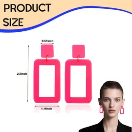 Hot Pink 80s 90sNeon Earrings for Women Drop Dangle Square Earring Vintage Geometric Minimalist Acrylic Earrings for Women Dangling Retro Rectangle Earring 70's Simple Costume Accessory