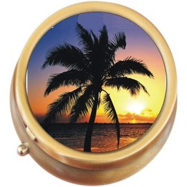 Palm Tree Tropical Sunset Brass Round Pill Box
