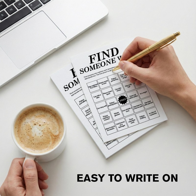 Find Someone Who Bingo Cards, 25 Unique Randomized 5x7 Sheets,