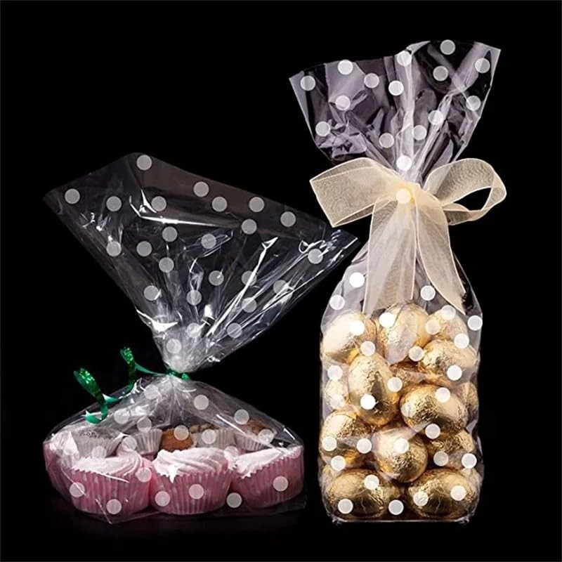 100 x Clear Cellophane Candy Bags with White Dots 100