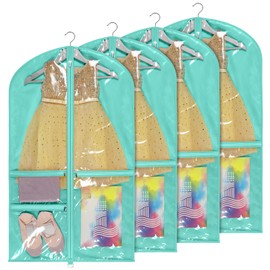 Univivi Dance Costume Bags Garment Bag 40 Inch Hanging Clothes for Dance Competitions, with 3 Medium Clear Zipper Pockets for Dance Costumes, Closet Storage (Green) - 4 Pack