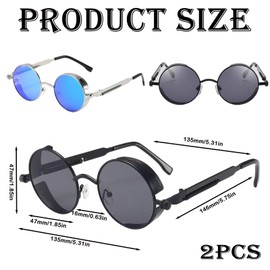 FDRJKN 2pcs Steampunk Sunglasses, Round Sunglasses Mens and Womens, Steam Punk Goggles with Side Shields for Daily Wear, Role Play, Outdoor Activities, Black and Silver Color