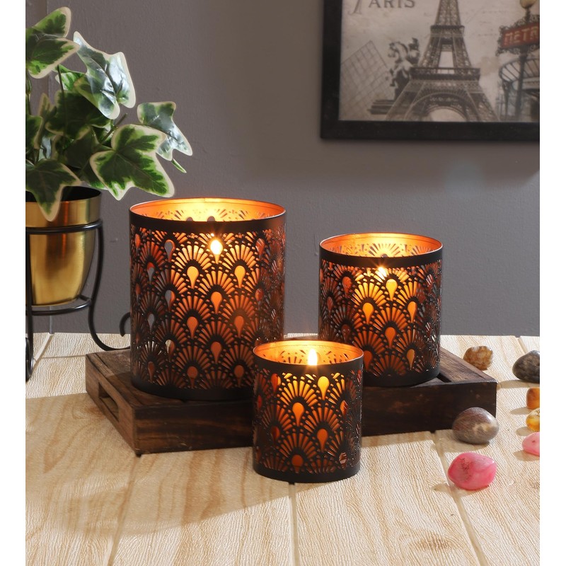 Set of 3 Oriental Tea Light Holders Zalia Metal Black