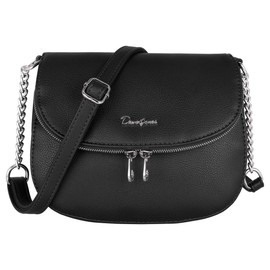 David Jones - Women's Small Crossbody Bag - Ladies Chain Shoulder Bag PU Leather - Zipper Flap Messenger Bag Multiple Pocket - City Casual Saddle Handbag - Work Travel Phone Clutch Purse - Black