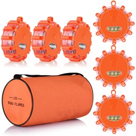 AK [6 Pack] LED Road Flares Safety Flashing Warning Light Roadside Emergency Disc Beacon Kit for Vehicles Boats with Magnetic Base & Hook, Premium Storage Bag (Batteries Not Included) (6)