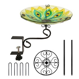 OUISJYER Deck Mounted Glass Bird Baths for Outdoors,Dual-Purpose 10 Inch Balcony Bird Bath Bowl for Outside with 4 U-Shaped Nails Garden Patio Yard Decor (Green Peacock)