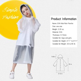 Notherss Rain Poncho for Kids ( 2 Pack), Reusable EVA Children Raincoat for 6-14 Girls Boys, Portable Rain Gear Jackets with Hood (2 White)