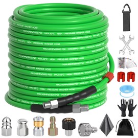 Sewer Jetter Kit for Pressure Washer 100 FT，Drain Cleaner Hose 1/4 Inch NPT Corner with Pressure Washer Tips, Button Nose and Rotating Sewer Jetting Nozzle, Spanner Teflon Tape Pearl Corsage Pin
