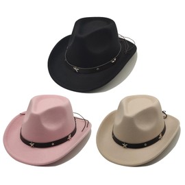 Willheoy - 3 sombreros de vaquero unisex para niñas y niños, sombrero de fedora occidental con hebilla cinturón de ala ancha