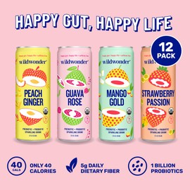 wildwonder Sparkling Probiotic Drink 12pk, For Gut Health & Immune Support, Classic Variety Pack, 5g Prebiotic Fiber, Live Probiotics, Organic, Vegan, Low Sugar, 12 Pack, 12oz Can, Seen on Shark Tank