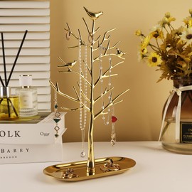 Branch Jewelry Rack with metal tray,Luxury color,Tree Tower Rack Hanging Organizer for Ring Earrings Necklace Bracelet,Suitable for living rooms, bathrooms,offices,etc.