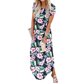 Jeqeocafy Women Summer Long Sundress Crewneck Short Sleeve Maxi Dress 2025 Casual Loose Beach Dress with Pockets