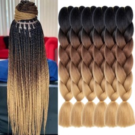 Xtrend 6 Pcs Ombre Jumbo Braiding Hair Extension 24 Inch 3 Tone Jumbo Box Braiding Hair Jumbo Braid Synthetic Hair for Braiding 100g/pc (6 Pieces,Black+Dark Brown+Light Brown#)