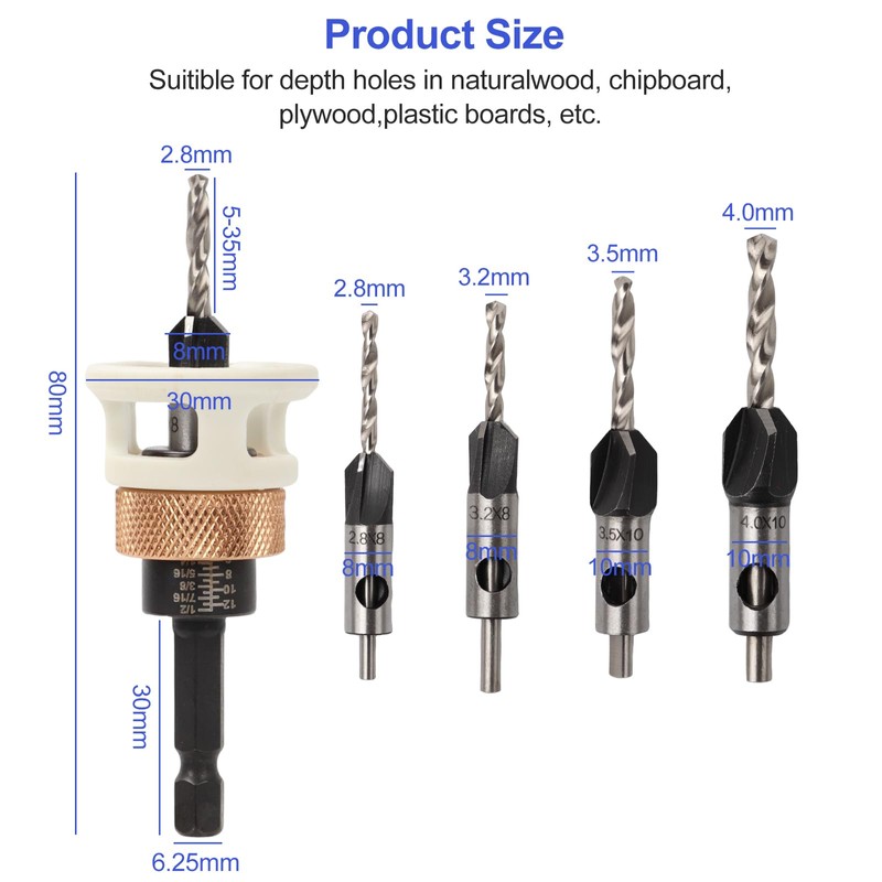 4PCS Countersink Drill Bit Set, Woodworking Countersink Drill Bit with