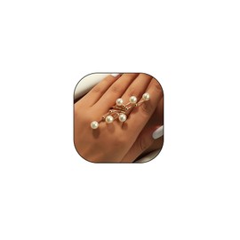 Vintage Pearl Zircon Stacking Statement Finger Ring for Women Boho Baroque Pearl Irregular Line Adjustable Open Ring Jewelry Accessories (A)