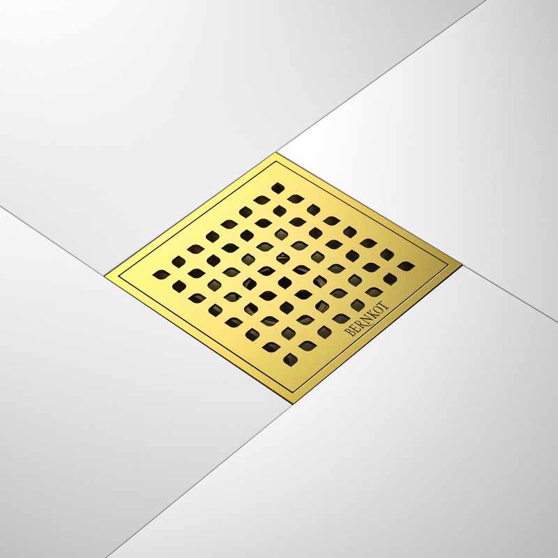 Bernkot Square Shower Drain 6" Polished Gold with PVC Bonding