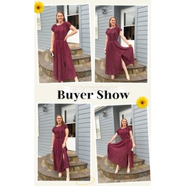 ECOWISH Summer Maxi Dress Women Cocktail Formal Wedding Guest Long Short Sleeve Pleated Dresses Empire Waist Crew Neck Slit Wine Red X-Large