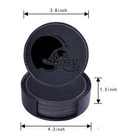 Unbranded CUSTOM BROWNS ENGRAVED BLACK LEATHER COASTERS WITH LEATHER HOLDER *SET OF 8*