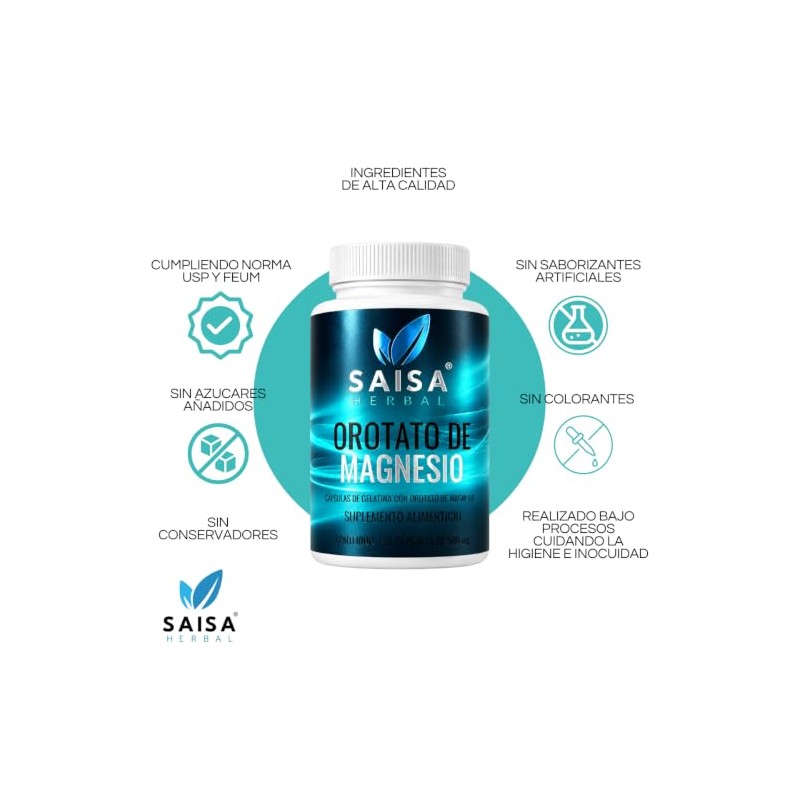 SAISA HERBAL Orotato de Magnesio 100% Puro, 120 Cápsulas |