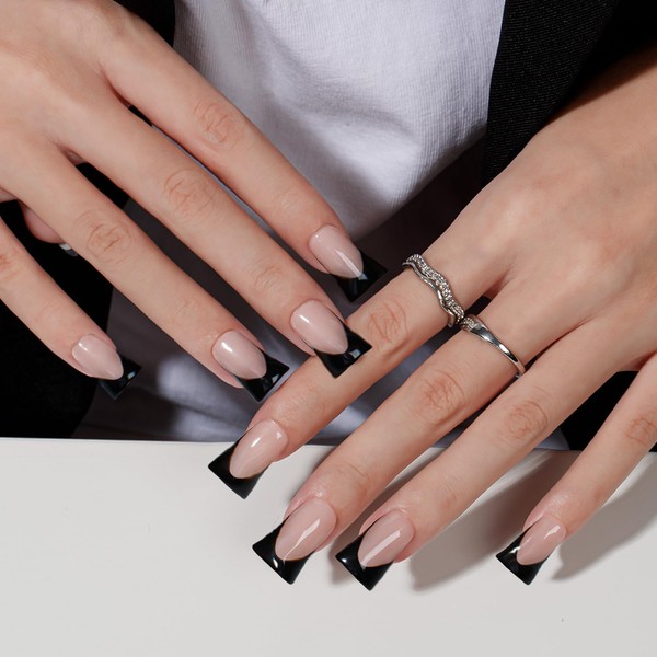 SXVME Black French Tip Press On Nails Medium - Summer