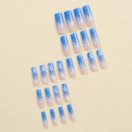 Press on Nails Long Blue Gradient False Nails Square Nails White Flowers Design French Fake Nails Full Cover Glossy Reusable Coffin Nails Artificial Acrylic Nails Glue on Nails for Women 24Pcs