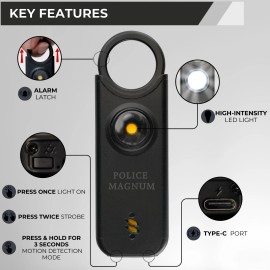Police Magnum Personal safety alarm Keychain-135dB Rechargeable LED Siren- Black