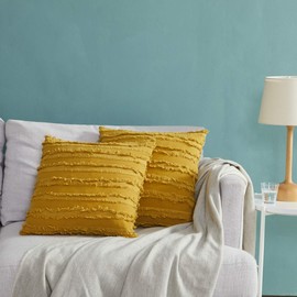 Decorative Throw Pillow Covers 16x16,Mustard Yellow Square Couch Pillow Covers,Cotton Sofa Boho Cushion Pillows