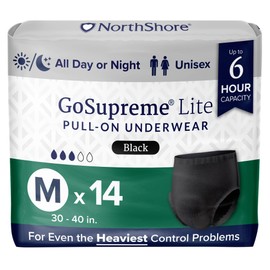 NorthShore GoSupreme Lite Incontinence Underwear, 6-Hour Pullup Style, Medium, 14 Count Bag, Black, 30-40 inches, Unisex Adult Diapers