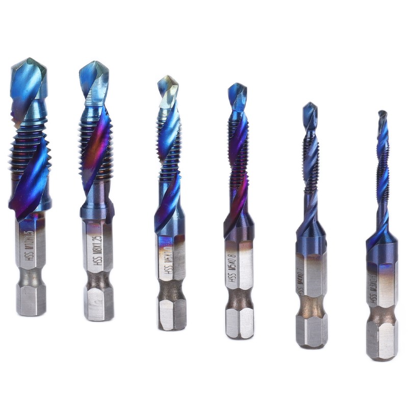 6pcs Spiral Tap Drill Bit Set Blue Plating Coating Hex